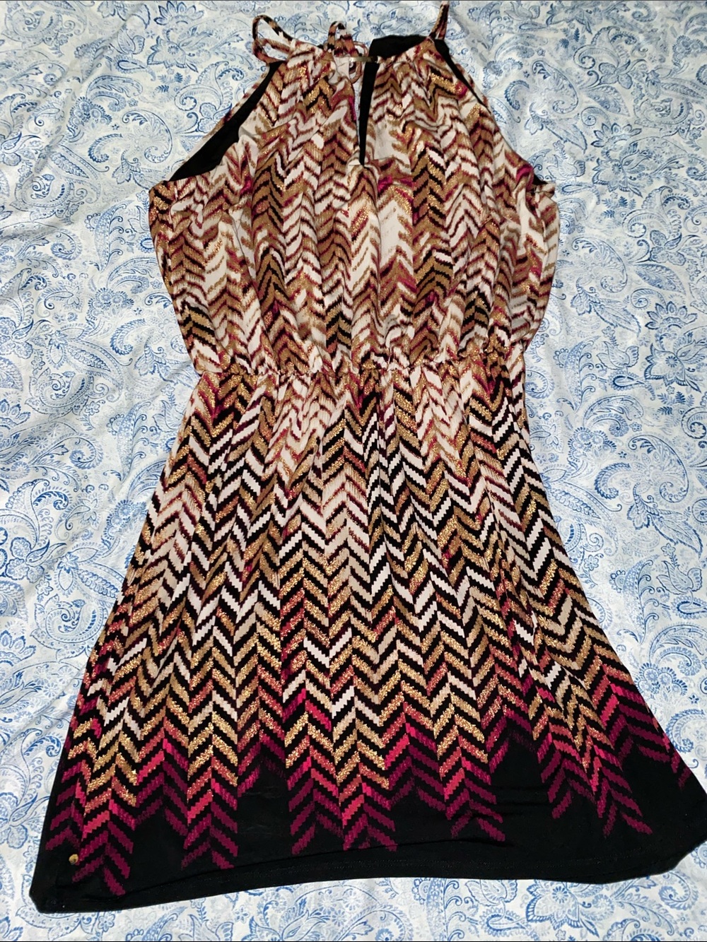 White House Black Market Chevron Halter Mini Dress in Black, Brown & Pink